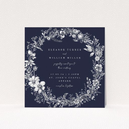 "Midnight Mayfair Florals" wedding invitation featuring a white botanical illustration on a deep navy background, evoking the allure of a starlit evening This is a view of the front