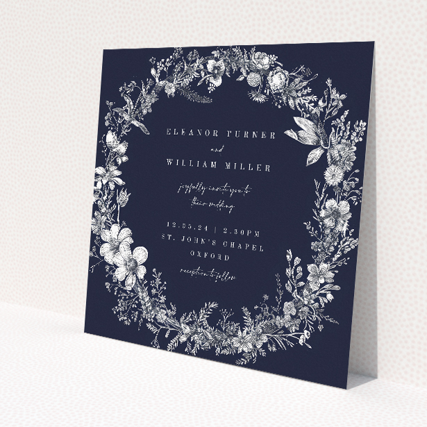 'Midnight Mayfair Florals' wedding invitation featuring a white botanical illustration on a deep navy background, evoking the allure of a starlit evening This is a view of the front