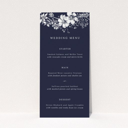 Midnight Mayfair Florals Wedding Menu - capturing the elegance of nightfall with delicate floral motifs. This is a view of the front