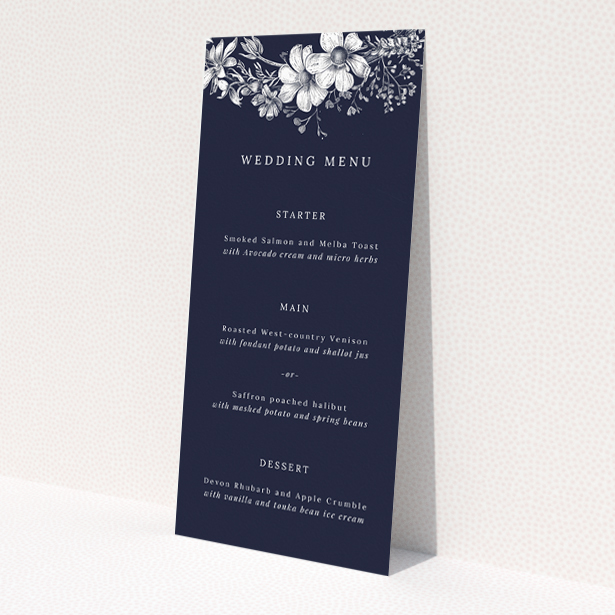 Midnight Mayfair Florals Wedding Menu - capturing the elegance of nightfall with delicate floral motifs. This is a view of the front