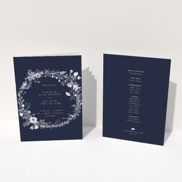Enchanting Midnight Mayfair Florals Wedding Order of Service Booklet. This image shows the front and back sides together