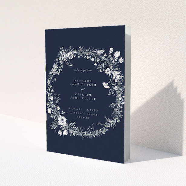 Enchanting Midnight Mayfair Florals Wedding Order of Service Booklet. This image shows the front and back sides together