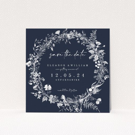 Midnight Mayfair Florals wedding save the date card template featuring intricate white florals and foliage on deep navy background. This is a view of the front