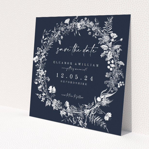 Midnight Mayfair Florals wedding save the date card template featuring intricate white florals and foliage on deep navy background. This image shows the front and back sides together