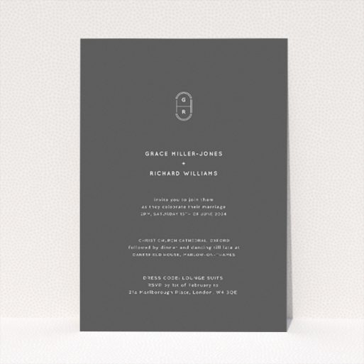 Sleek A5 wedding invitation design featuring the 'Midnight Monogram' monogram against a matte grey background. This is a view of the front