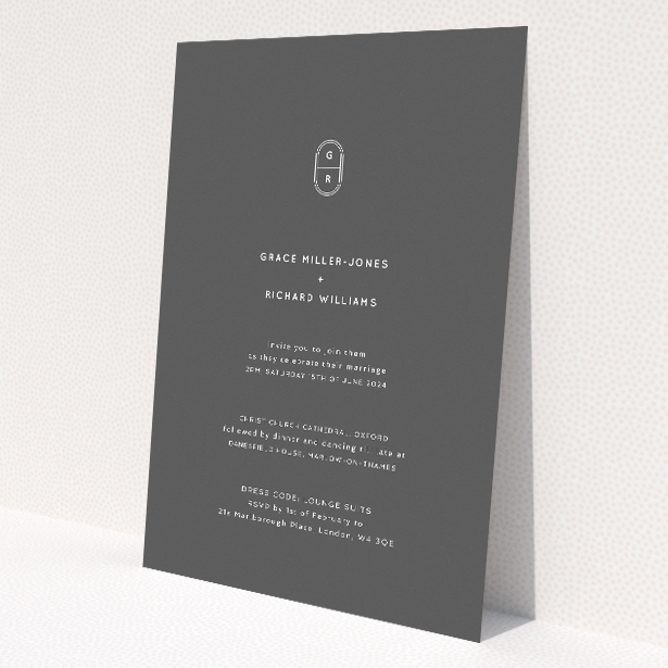 Sleek A5 wedding invitation design featuring the 'Midnight Monogram' monogram against a matte grey background. This image shows the front and back sides together