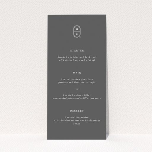 Midnight Monogram wedding menu template - elegant and minimalist design with bold monograms on matte grey backdrop, perfect for stylish couples This is a view of the front