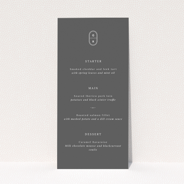 Midnight Monogram wedding menu template - elegant and minimalist design with bold monograms on matte grey backdrop, perfect for stylish couples This is a view of the front