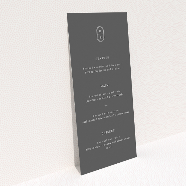 Midnight Monogram wedding menu template - elegant and minimalist design with bold monograms on matte grey backdrop, perfect for stylish couples This is a view of the back