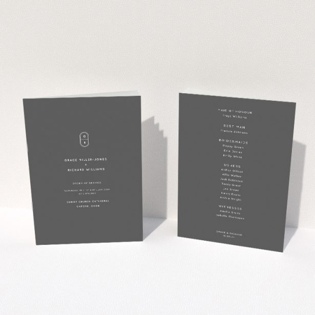 "Midnight Monogram wedding order of service booklet featuring sleek modern design with bold monochromatic colour scheme and personalised monogram emblem.". This image shows the front and back sides together