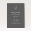Midnight Monogram wedding save the date card with elegant monogram and contemporary typography on deep charcoal backdrop. This is a view of the front
