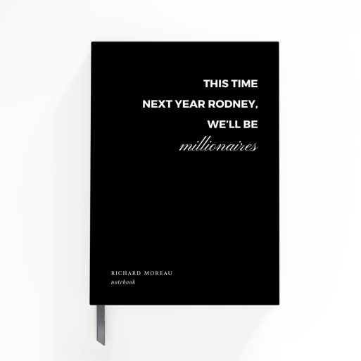 Black minimalist notebook design with motivational text and no photos