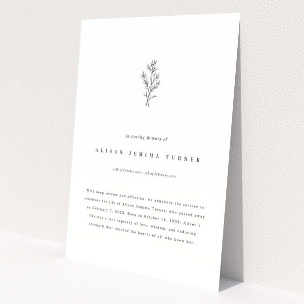 Modern funeral announcement design with one floral illustration in memory of person