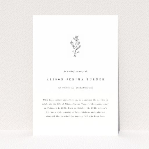 Modern funeral announcement design with one floral illustration in memory of person