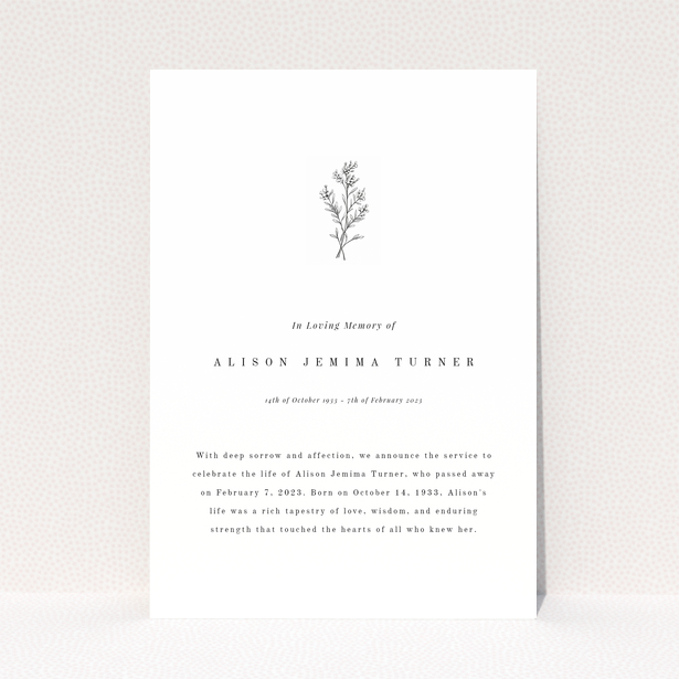 Modern funeral announcement design with one floral illustration in memory of person