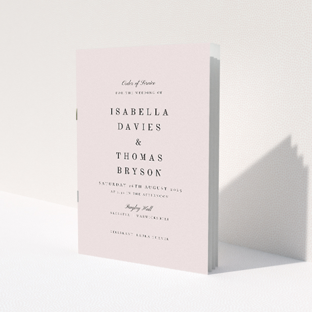 Minimalist Chic Simplicity Wedding Order of Service A5 Booklet Template with Contemporary Elegance. This is a view of the front