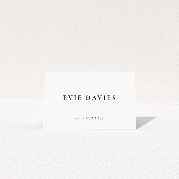 Minimalist elegance place cards with classic black text on clean white background, perfect for refined wedding stationery suites This is a view of the front