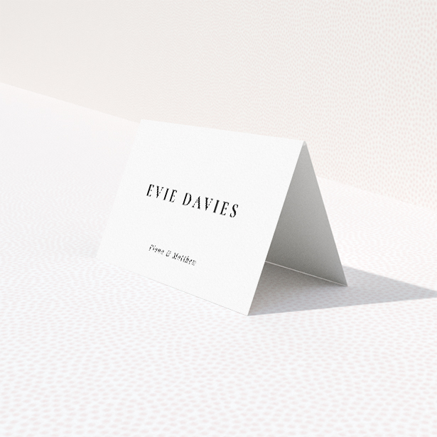 Minimalist elegance place cards with classic black text on clean white background, perfect for refined wedding stationery suites This is a third view of the front