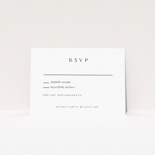 RSVP cards from the Minimalist Elegance suite, designed to complement sophisticated wedding invitations, embodying refined simplicity with clean white background and classic black text, exuding sophistication through understated elegance, ideal for couples who appreciate minimalist design with touch of modernity, setting the tone for stylish and sophisticated celebration This is a view of the front