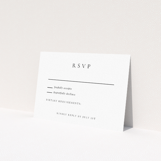RSVP cards from the Minimalist Elegance suite, designed to complement sophisticated wedding invitations, embodying refined simplicity with clean white background and classic black text, exuding sophistication through understated elegance, ideal for couples who appreciate minimalist design with touch of modernity, setting the tone for stylish and sophisticated celebration This is a view of the front