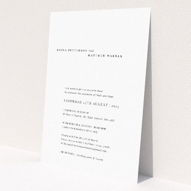 Minimalist Elegance wedding invitation with clean white background and classic black text exuding sophistication and simplicity. This is a view of the front