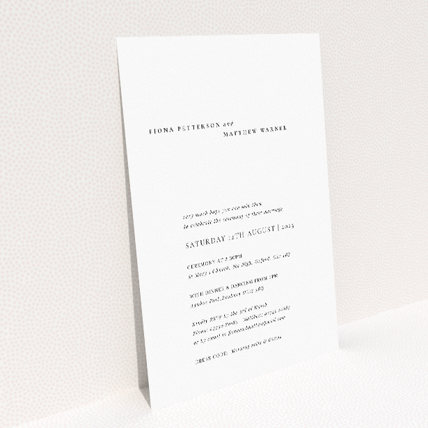 Minimalist Elegance wedding invitation with clean white background and classic black text exuding sophistication and simplicity. This image shows the front and back sides together
