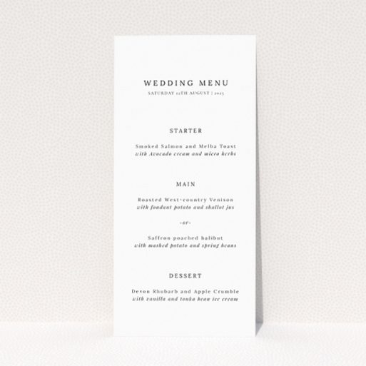 "Minimalist Elegance wedding menu - Utterly Printable - Refined simplicity with clean lines and classic typography, embodying timeless sophistication for couples desiring clarity, grace, and a modern aesthetic.". This is a view of the front