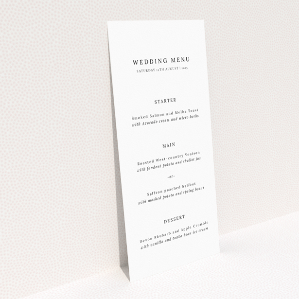 "Minimalist Elegance wedding menu - Utterly Printable - Refined simplicity with clean lines and classic typography, embodying timeless sophistication for couples desiring clarity, grace, and a modern aesthetic.". This is a view of the back