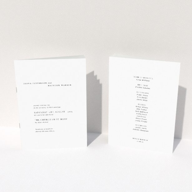 A5 Wedding Order of Service booklet featuring minimalist elegance with a clean and contemporary design, presenting essential details in an elegant serif font for a sophisticated touch This image shows the front and back sides together