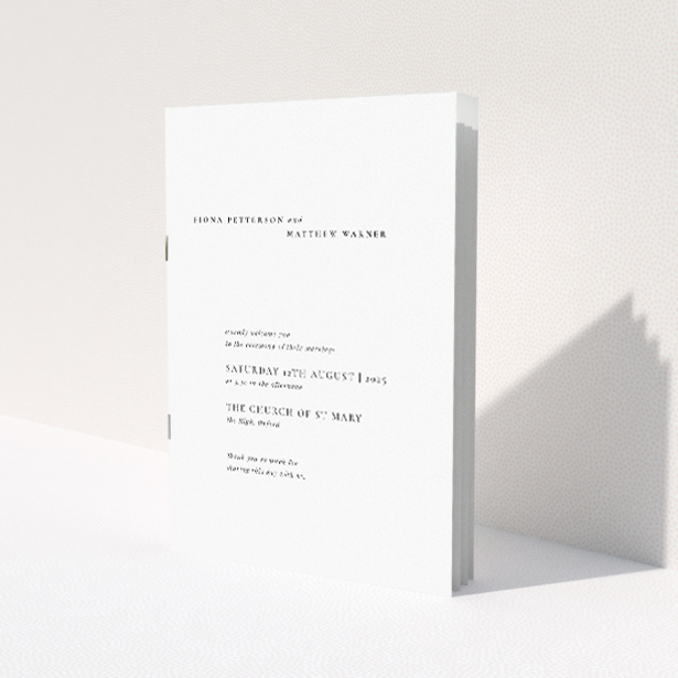 A5 Wedding Order of Service booklet featuring minimalist elegance with a clean and contemporary design, presenting essential details in an elegant serif font for a sophisticated touch This is a view of the front
