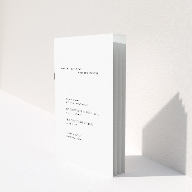 A5 Wedding Order of Service booklet featuring minimalist elegance with a clean and contemporary design, presenting essential details in an elegant serif font for a sophisticated touch This image shows the front and back sides together