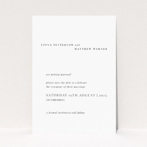 Minimalist Elegance wedding save the date card with clean layout, classic serif font for couple's names, and prominent display of the date. This is a view of the front