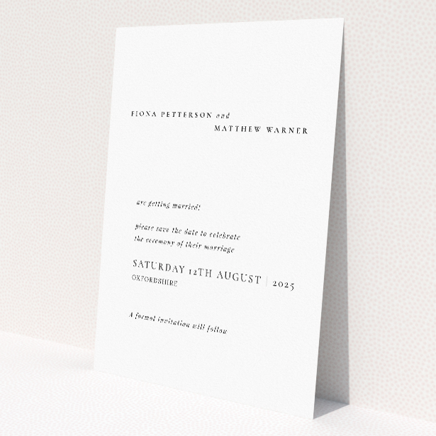Minimalist Elegance wedding save the date card with clean layout, classic serif font for couple's names, and prominent display of the date. This is a view of the back