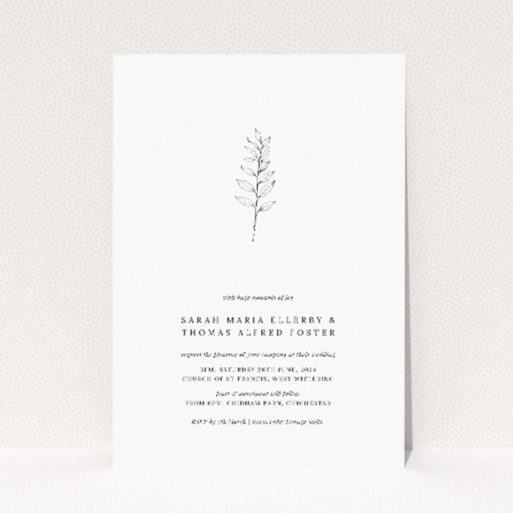 Minimalist wedding invitation featuring a delicate botanical sprig illustration on a crisp white background, conveying simplicity and elegance This is a view of the front