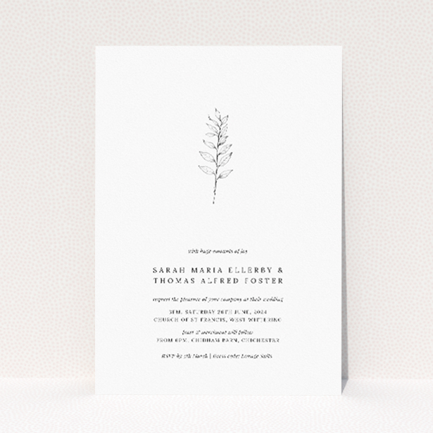 Minimalist wedding invitation featuring a delicate botanical sprig illustration on a crisp white background, conveying simplicity and elegance This is a view of the front