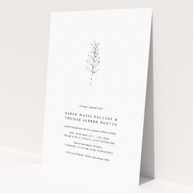 Minimalist wedding invitation featuring a delicate botanical sprig illustration on a crisp white background, conveying simplicity and elegance This image shows the front and back sides together