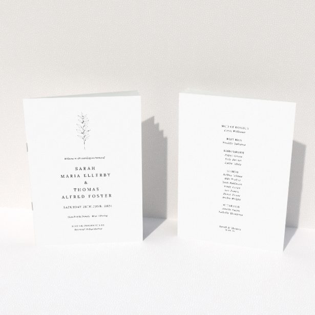 "Minimalist Sprig wedding order of service booklet featuring centralised illustration of a single sprig in soft grey on stark white background, ideal for modern couples seeking understated elegance.". This image shows the front and back sides together