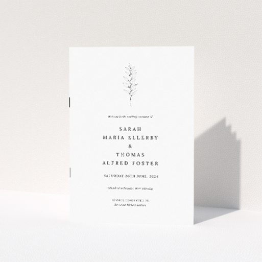 "Minimalist Sprig wedding order of service booklet featuring centralised illustration of a single sprig in soft grey on stark white background, ideal for modern couples seeking understated elegance.". This is a view of the front
