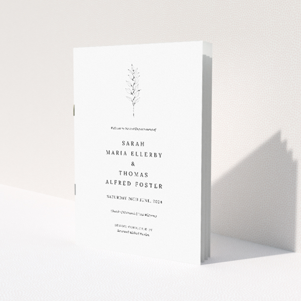 'Minimalist Sprig wedding order of service booklet featuring centralised illustration of a single sprig in soft grey on stark white background, ideal for modern couples seeking understated elegance.'. This is a view of the front