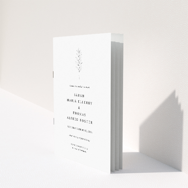 "Minimalist Sprig wedding order of service booklet featuring centralised illustration of a single sprig in soft grey on stark white background, ideal for modern couples seeking understated elegance.". This image shows the front and back sides together