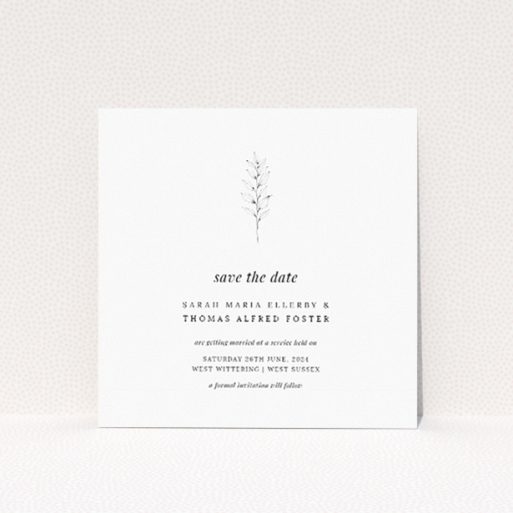 Minimalist Sprig Wedding Save the Date Card Template - Delicate Line Drawing Symbolizing New Beginnings. This is a view of the front