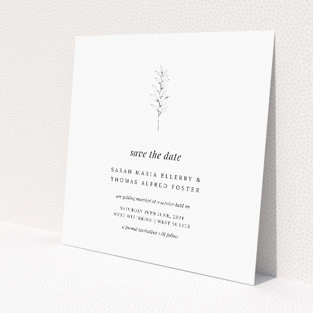 Minimalist Sprig Wedding Save the Date Card Template - Delicate Line Drawing Symbolizing New Beginnings. This image shows the front and back sides together