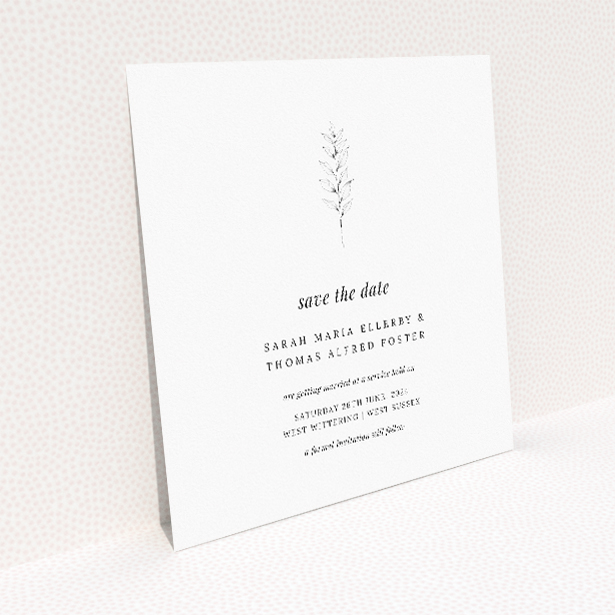 Minimalist Sprig Wedding Save the Date Card Template - Delicate Line Drawing Symbolizing New Beginnings. This image shows the front and back sides together