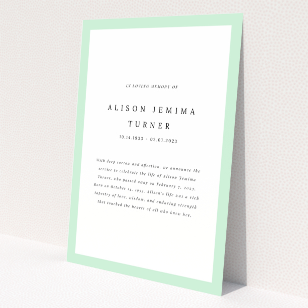 Funeral announcement design with green border featuring text and no photos