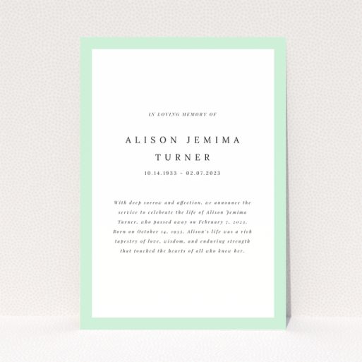 Funeral announcement design with green border featuring text and no photos