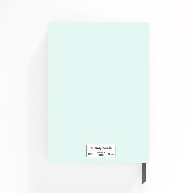 Pastel green notebook cover design with one photo, featuring elegant typography and personalised text options.