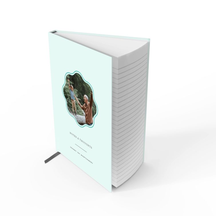 Pastel green notebook cover design with one photo, featuring elegant typography and personalised text options.