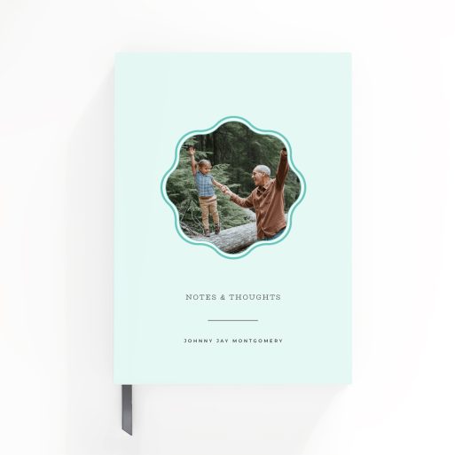 Pastel green notebook cover design with one photo, featuring elegant typography and personalised text options.