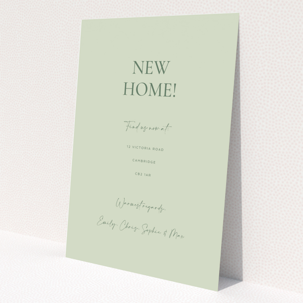 Change of address card with green background and elegant typography