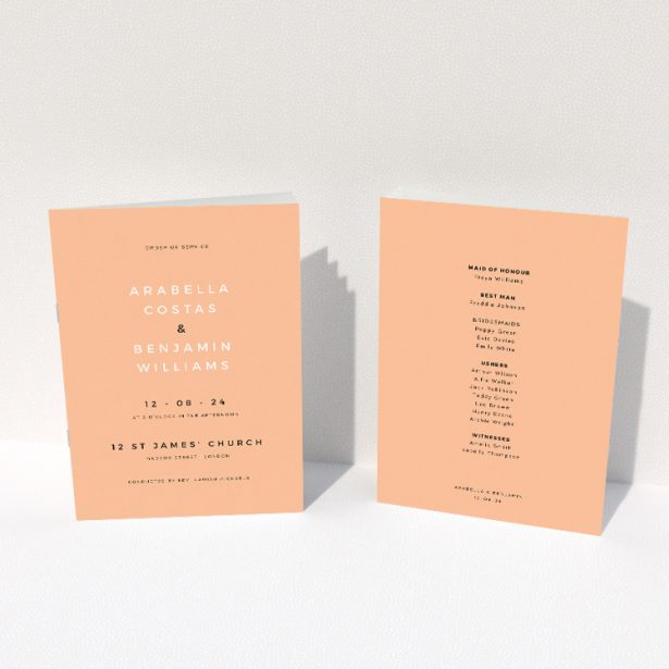 Modern Apricot Announcement Order of Service Booklet A5 - Contemporary Sophistication Wedding Stationery. This image shows the front and back sides together